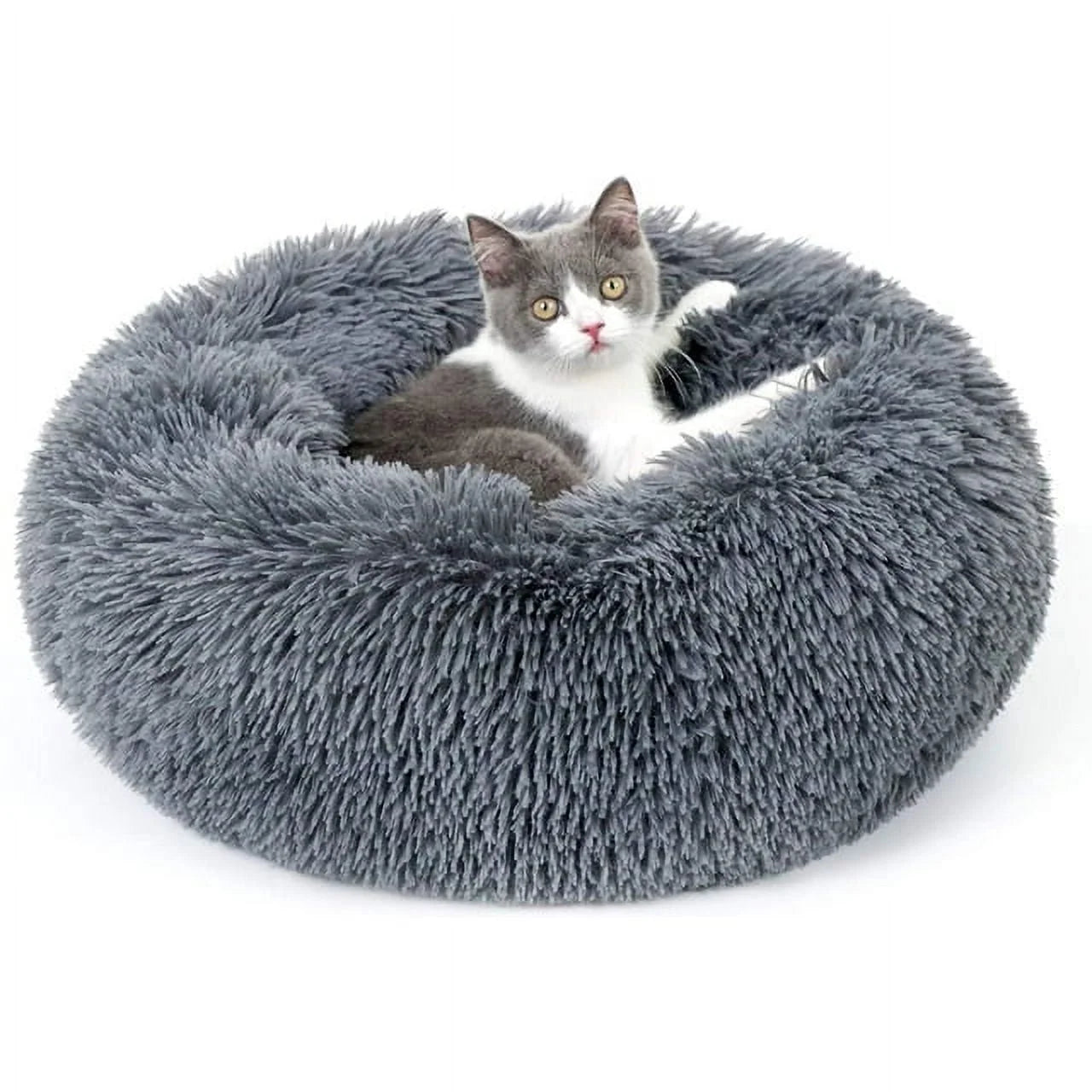 Cat Bed for Indoor Cats, Fluffy round Self Warming Calming Soft Plush Donut Cuddler Cushion Pet Bed for Small Dogs Kittens, 20 Inches