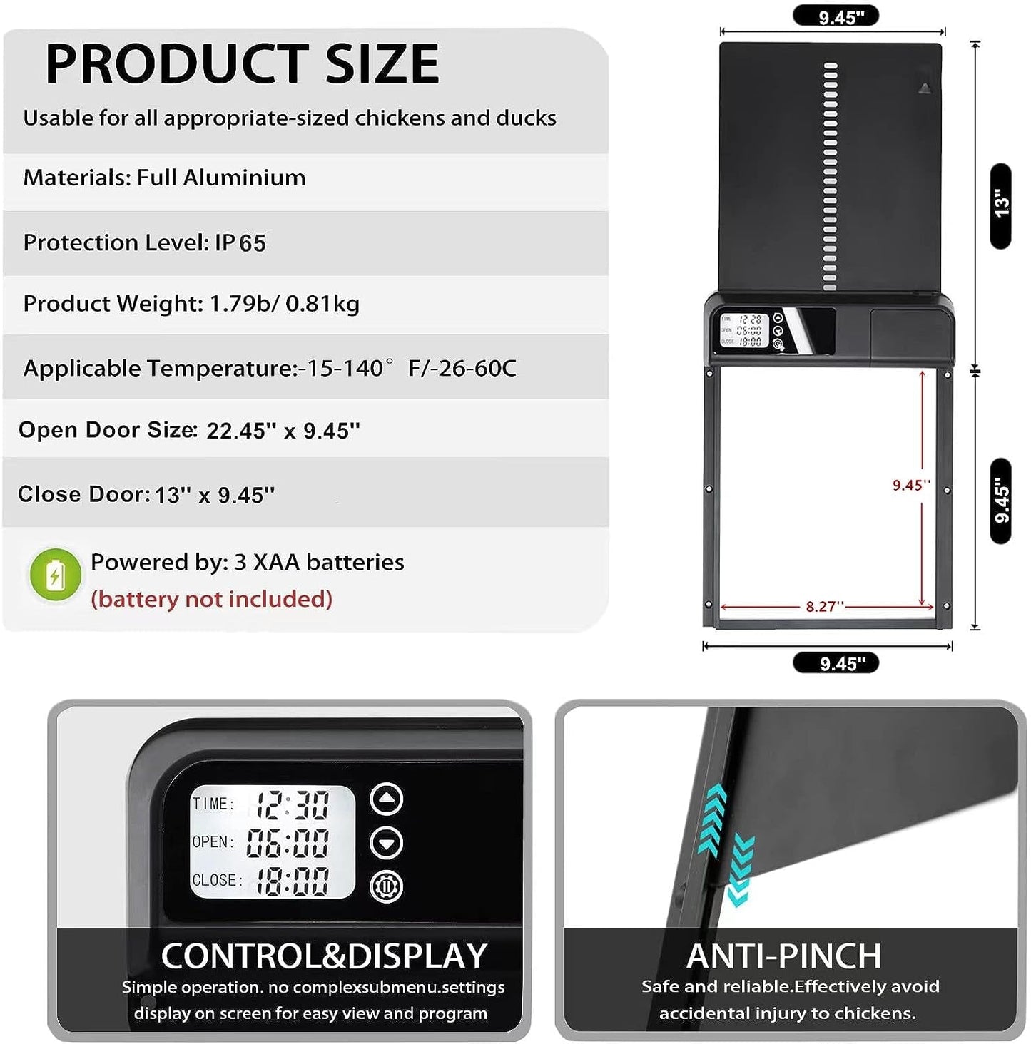 Automatic Chicken Coop Door, Aluminum Weatherproof Coops Door Opener with Timer, Predator Resistant Self-Locking Auto Chicken Doors for Home & Farm