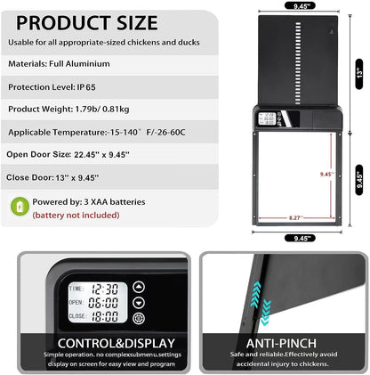 Automatic Chicken Coop Door, Aluminum Weatherproof Coops Door Opener with Timer, Predator Resistant Self-Locking Auto Chicken Doors for Home & Farm