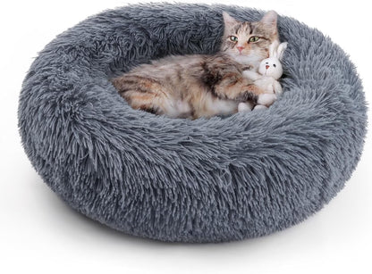 Cat Bed for Indoor Cats, Fluffy round Self Warming Calming Soft Plush Donut Cuddler Cushion Pet Bed for Small Dogs Kittens, 20 Inches