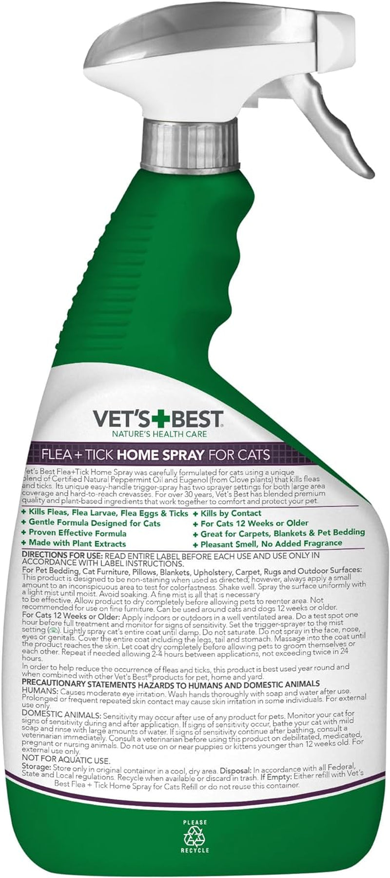 Natural Flea and Tick Home Spray for Cats – Natural Plant-Based Formula with Certified Essential Oils – Indoor Flea Treatment for Home Use – Safe and Deet-Free – 32 Oz Bottle