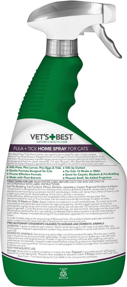 Natural Flea and Tick Home Spray for Cats – Natural Plant-Based Formula with Certified Essential Oils – Indoor Flea Treatment for Home Use – Safe and Deet-Free – 32 Oz Bottle