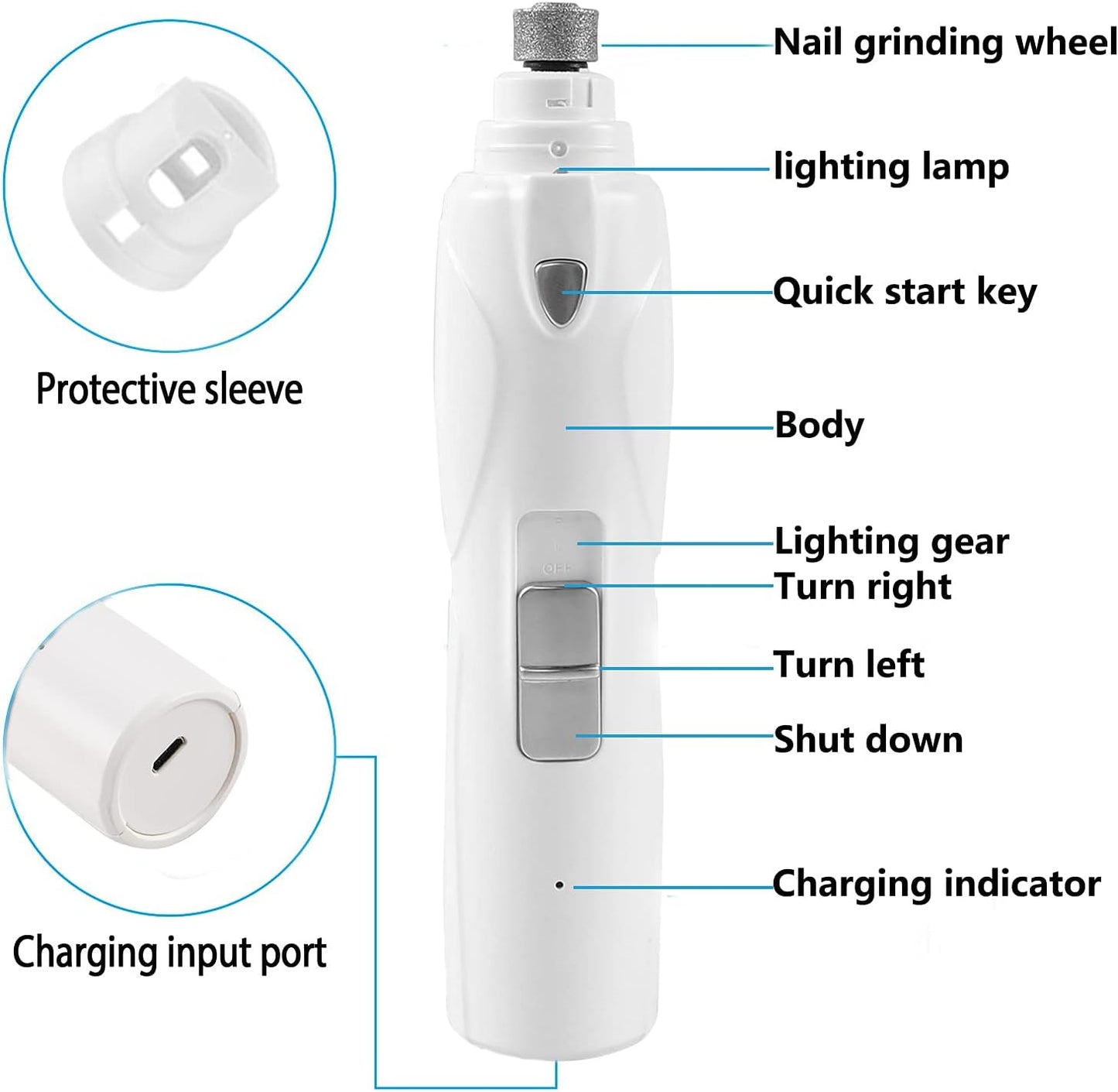 Quiet 3-Speed Rechargeable Pet Nail Grinder with LED Lights