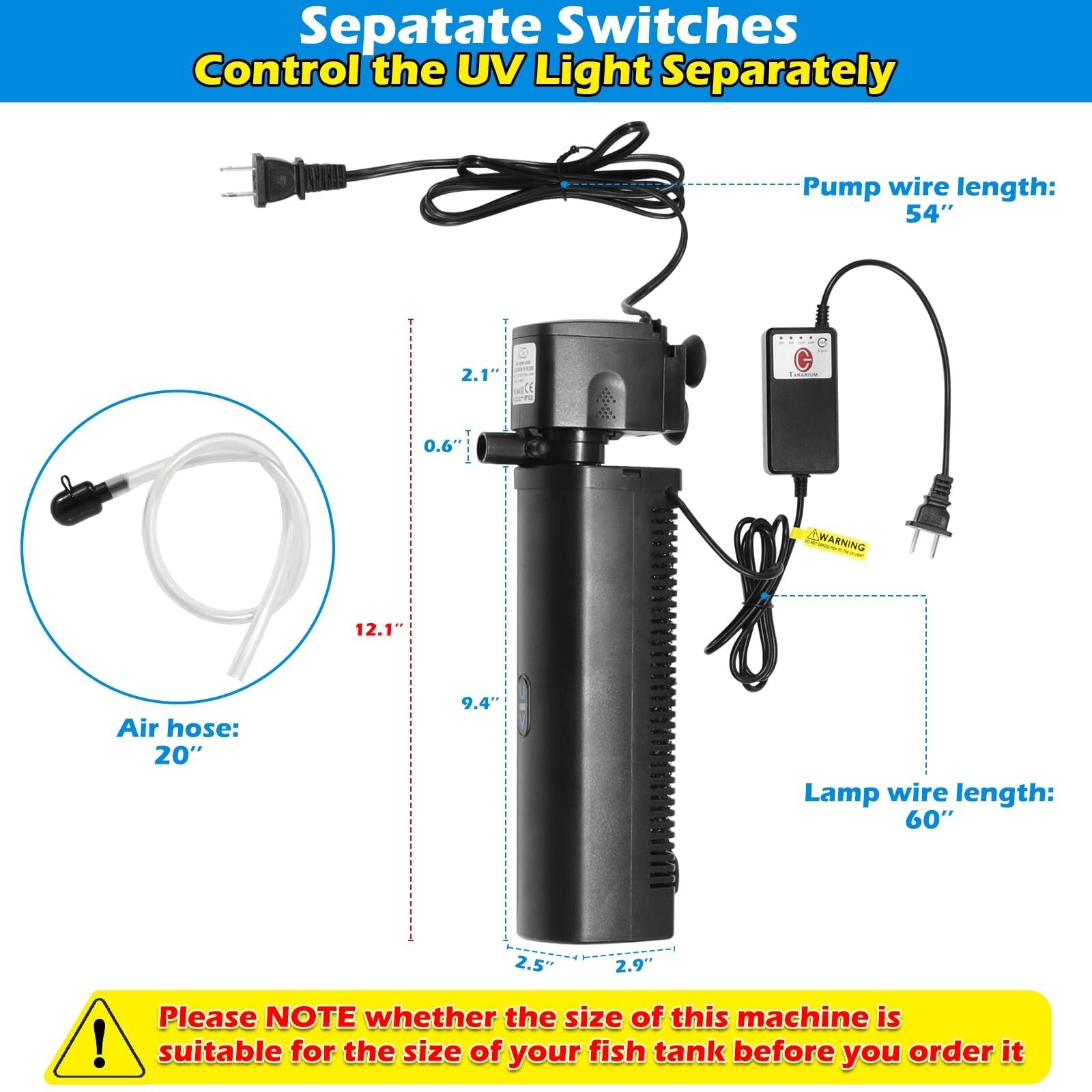 TARARIUM Aquarium Filter for 40-120 Gal. Fish Tank & Pond, 8W U-V Light W/Tim...