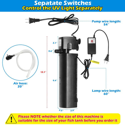 TARARIUM Aquarium Filter for 40-120 Gal. Fish Tank & Pond, 8W U-V Light W/Tim...