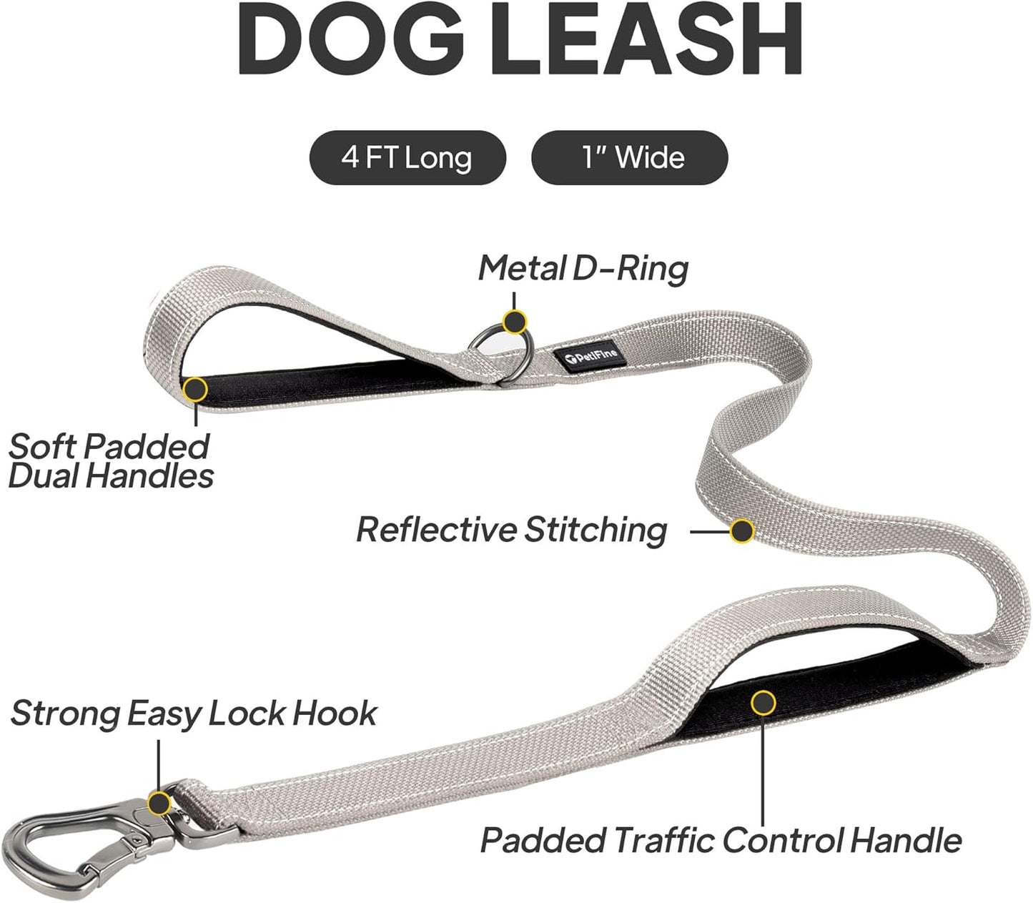 4FT Heavy Duty Reflective Dog Leash, Grey, Double Handle