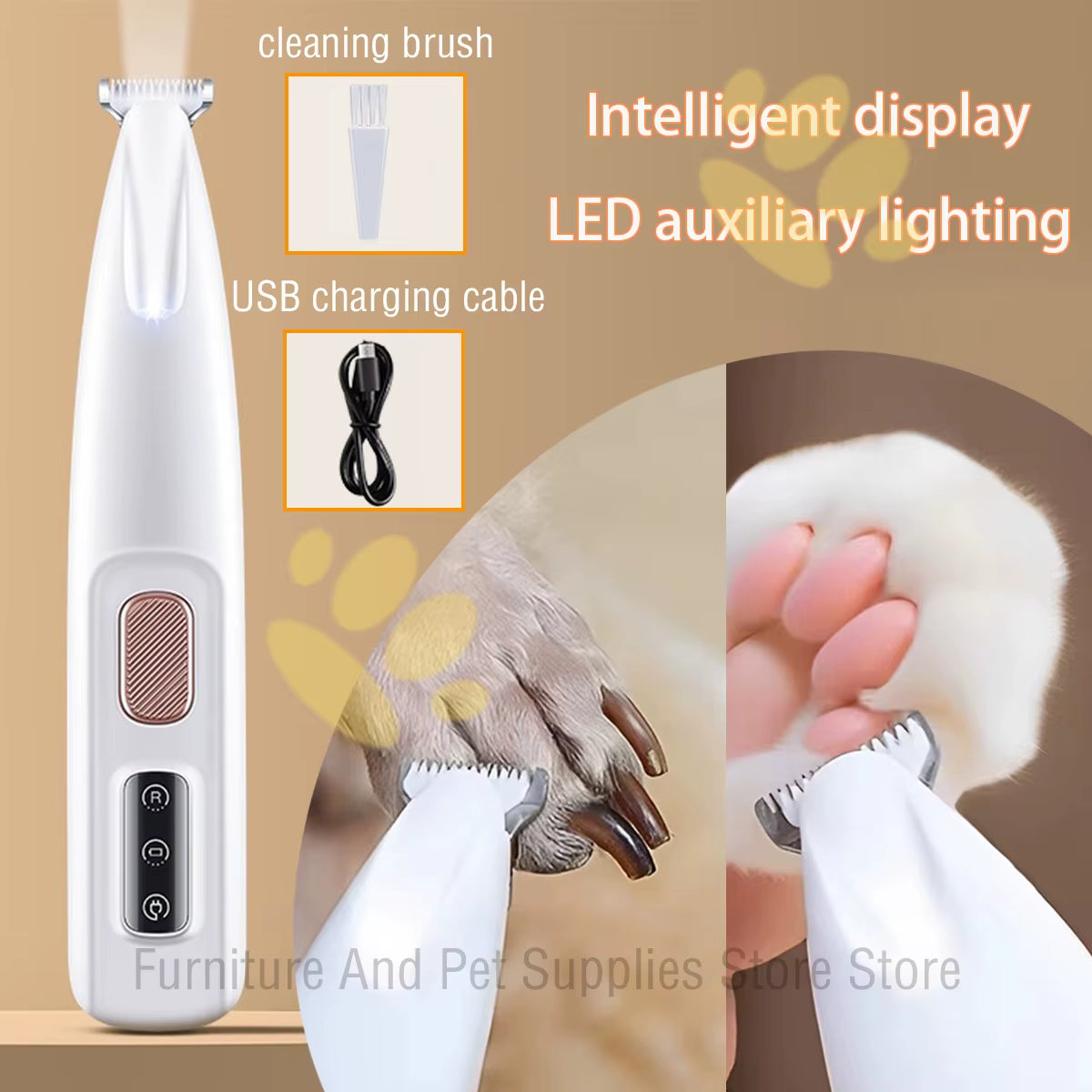 Fully Waterproof LED Dog Paw Trimmer, Low-Noise Grooming