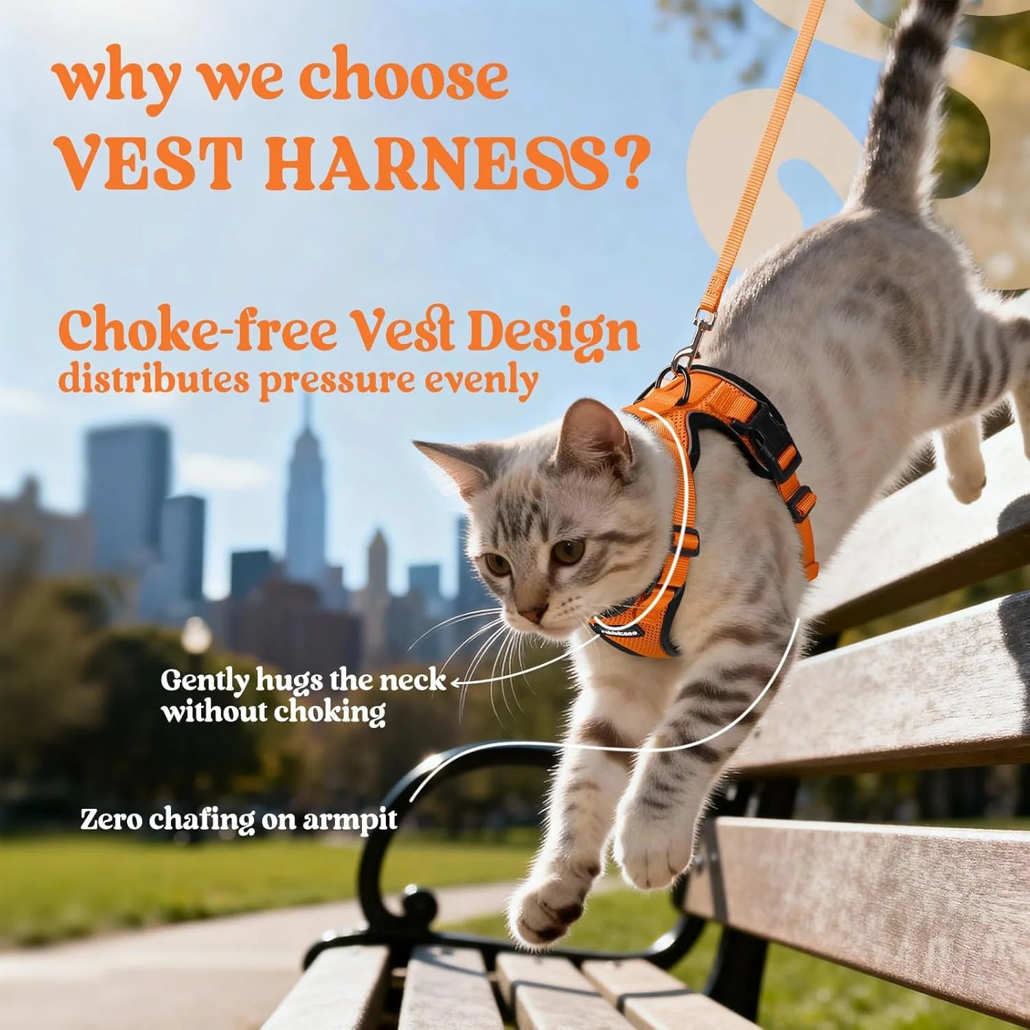 Cat Harness and Leash for Walking, Escape Proof Soft Adjustable Vest Harnesses for Cats, Easy Control Breathable Reflective Strips Jacket, Orange