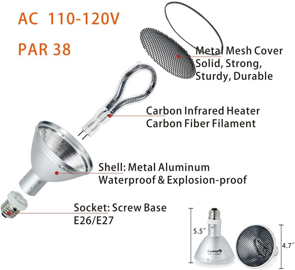 Deep Heat Projector Reptile Heat Lamp Bulb (DHP 130W, PAR38), Basking Light for Bearded Dragon & Leopard Gecko, Carbon Infrared Heater for Amphibian Pet