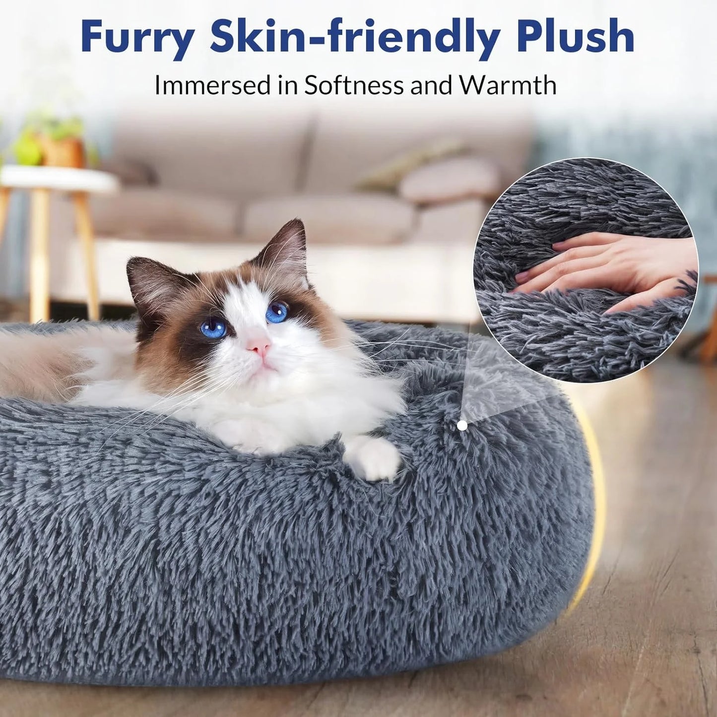 Cat Bed for Indoor Cats, Fluffy round Self Warming Calming Soft Plush Donut Cuddler Cushion Pet Bed for Small Dogs Kittens, 20 Inches