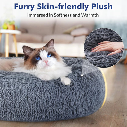 Cat Bed for Indoor Cats, Fluffy round Self Warming Calming Soft Plush Donut Cuddler Cushion Pet Bed for Small Dogs Kittens, 20 Inches