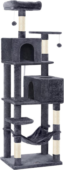 Cat Tree, 73.2-Inch Tall Cat Tower, Plush Multi-Level Condo with 5 Scratching Posts, 2 Perches, 2 Caves, Hammock, 2 Pompoms, Smoky Gray UPCT191G01