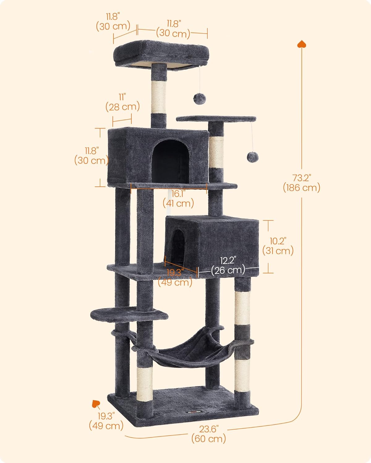 Cat Tree, 73.2-Inch Tall Cat Tower, Plush Multi-Level Condo with 5 Scratching Posts, 2 Perches, 2 Caves, Hammock, 2 Pompoms, Smoky Gray UPCT191G01