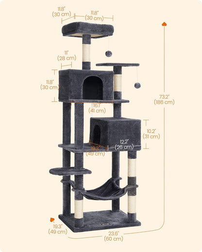 Cat Tree, 73.2-Inch Tall Cat Tower, Plush Multi-Level Condo with 5 Scratching Posts, 2 Perches, 2 Caves, Hammock, 2 Pompoms, Smoky Gray UPCT191G01