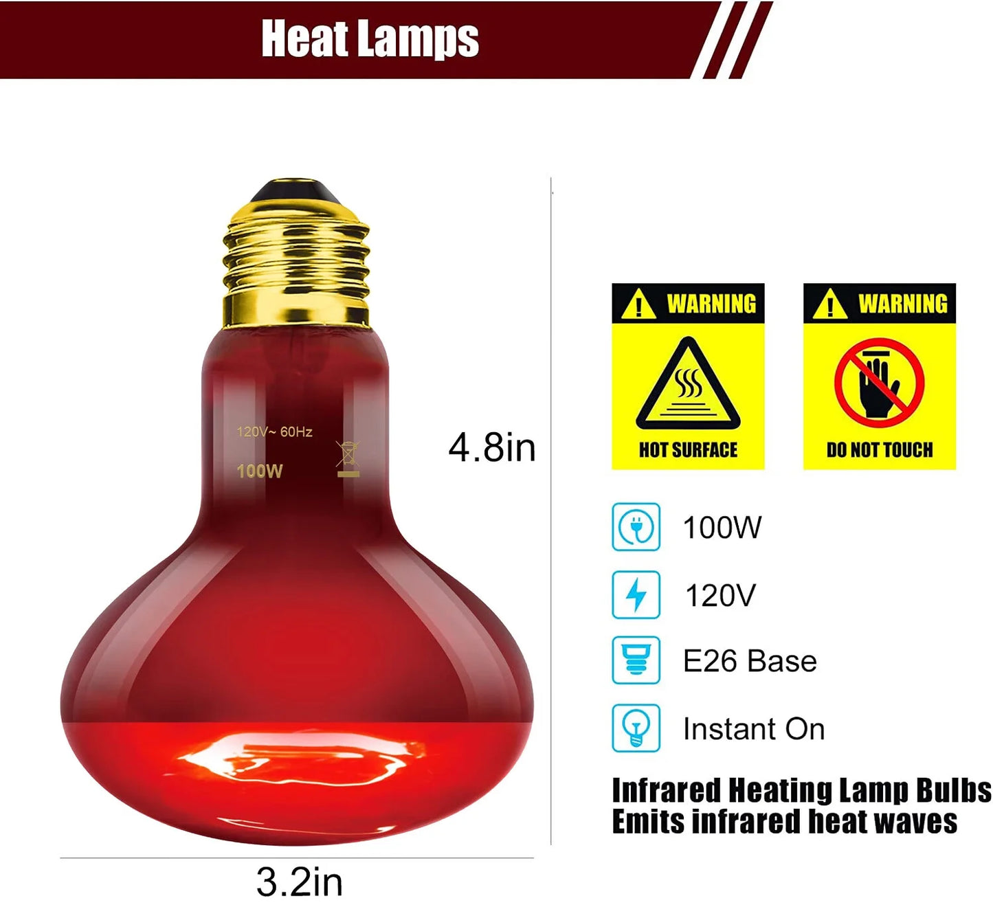 Reptile Heat Lamp 100W, 2Pcs E26 Basking Spot Light, Infrared Heat Lamp, Red