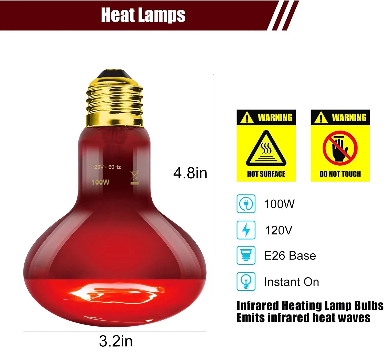 Reptile Heat Lamp 100W, 2Pcs E26 Basking Spot Light, Infrared Heat Lamp, Red
