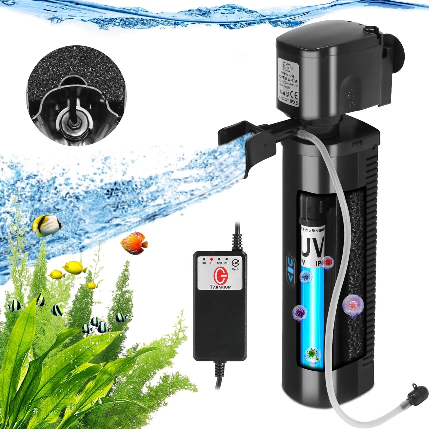 TARARIUM Aquarium Filter for 40-120 Gal. Fish Tank & Pond, 8W U-V Light W/Tim...