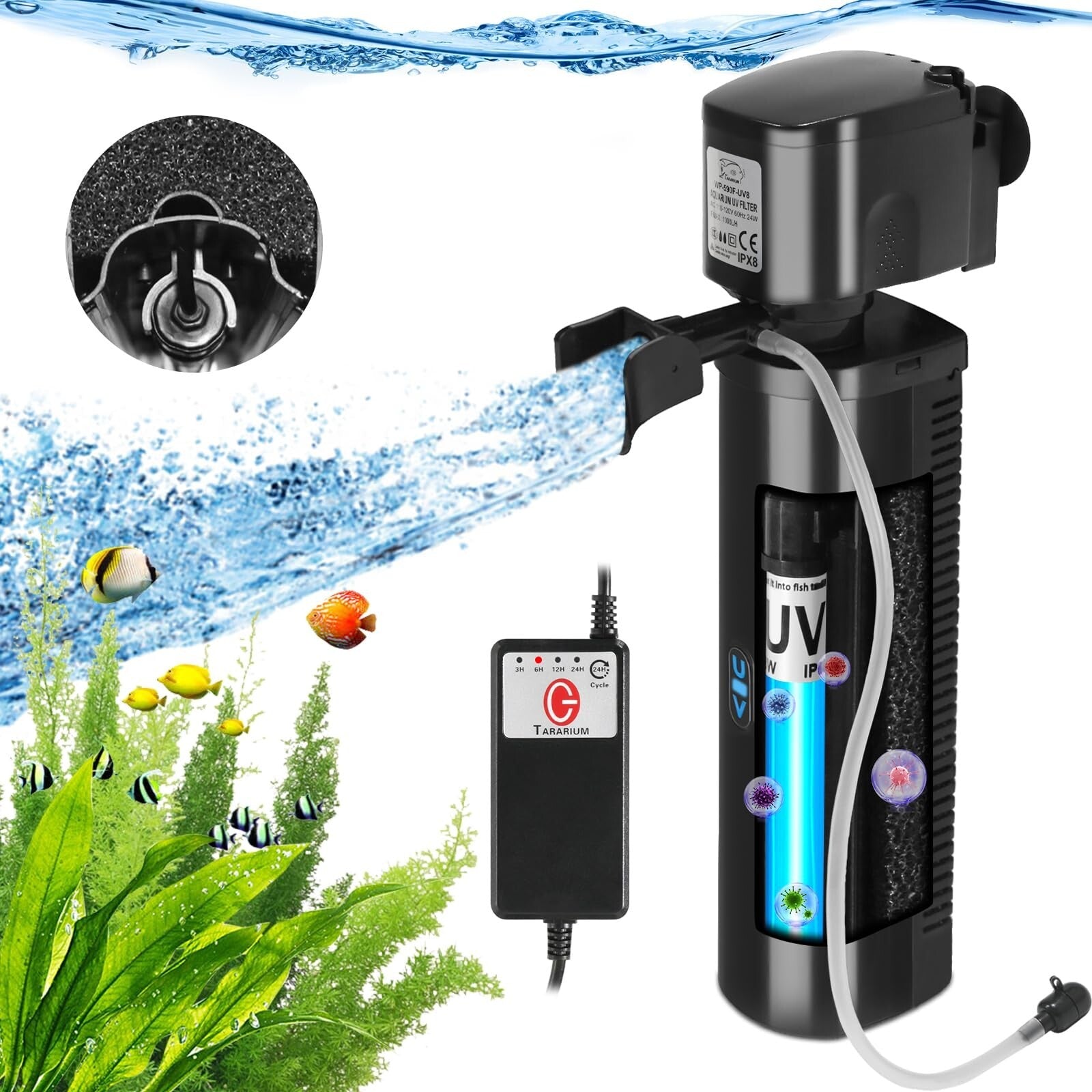 TARARIUM Aquarium Filter for 40-120 Gal. Fish Tank & Pond, 8W U-V Light W/Tim...