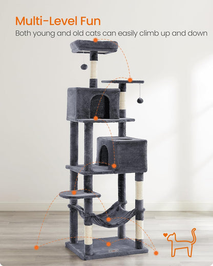 Cat Tree, 73.2-Inch Tall Cat Tower, Plush Multi-Level Condo with 5 Scratching Posts, 2 Perches, 2 Caves, Hammock, 2 Pompoms, Smoky Gray UPCT191G01