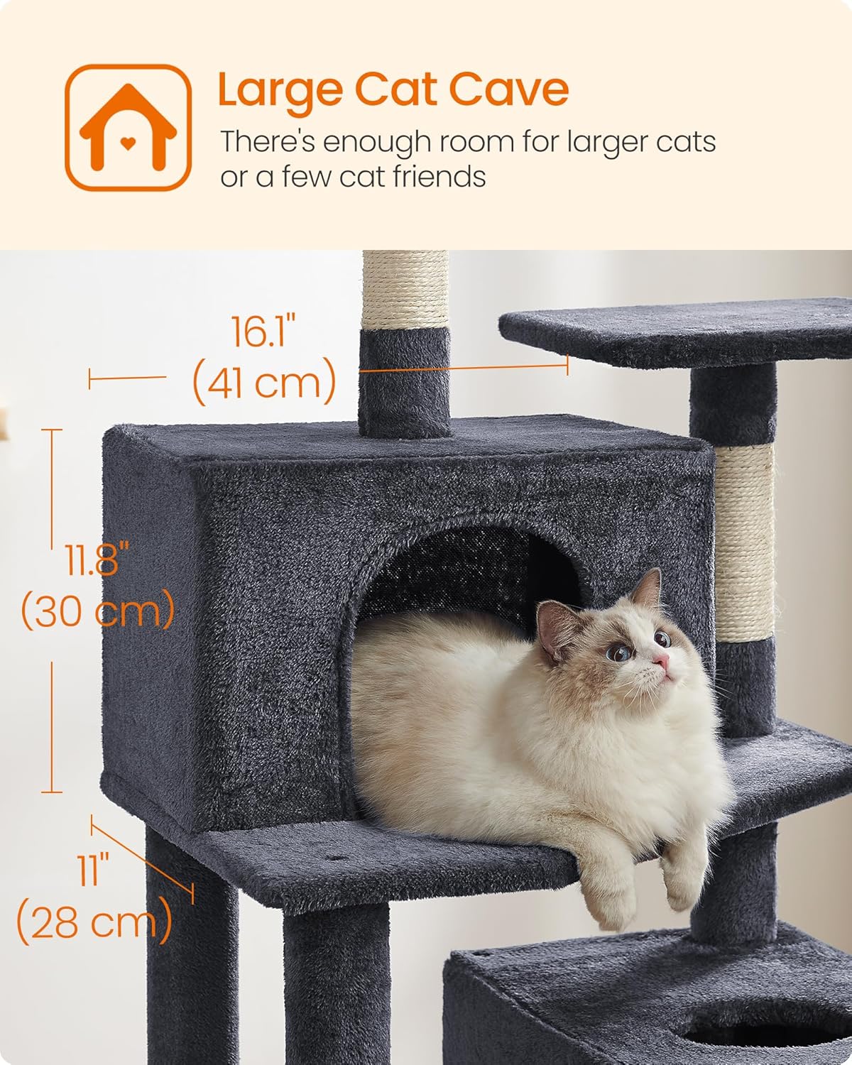 Cat Tree, 73.2-Inch Tall Cat Tower, Plush Multi-Level Condo with 5 Scratching Posts, 2 Perches, 2 Caves, Hammock, 2 Pompoms, Smoky Gray UPCT191G01