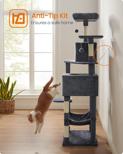 Cat Tree, 73.2-Inch Tall Cat Tower, Plush Multi-Level Condo with 5 Scratching Posts, 2 Perches, 2 Caves, Hammock, 2 Pompoms, Smoky Gray UPCT191G01