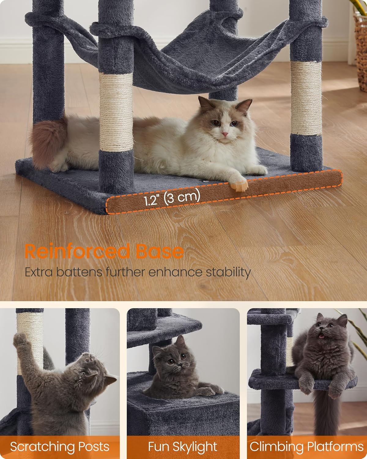 Cat Tree, 73.2-Inch Tall Cat Tower, Plush Multi-Level Condo with 5 Scratching Posts, 2 Perches, 2 Caves, Hammock, 2 Pompoms, Smoky Gray UPCT191G01