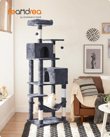 Cat Tree, 73.2-Inch Tall Cat Tower, Plush Multi-Level Condo with 5 Scratching Posts, 2 Perches, 2 Caves, Hammock, 2 Pompoms, Smoky Gray UPCT191G01