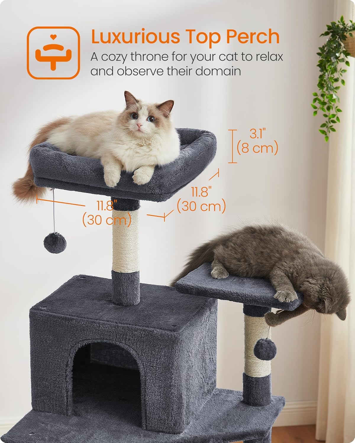 Cat Tree, 73.2-Inch Tall Cat Tower, Plush Multi-Level Condo with 5 Scratching Posts, 2 Perches, 2 Caves, Hammock, 2 Pompoms, Smoky Gray UPCT191G01