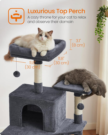 Cat Tree, 73.2-Inch Tall Cat Tower, Plush Multi-Level Condo with 5 Scratching Posts, 2 Perches, 2 Caves, Hammock, 2 Pompoms, Smoky Gray UPCT191G01