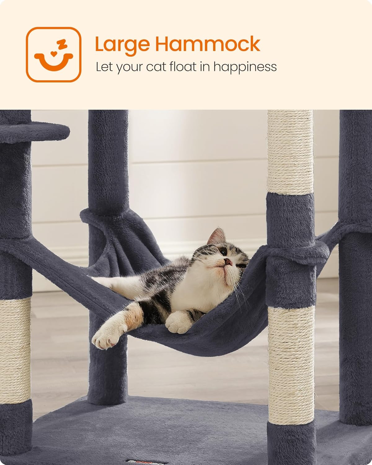 Cat Tree, 73.2-Inch Tall Cat Tower, Plush Multi-Level Condo with 5 Scratching Posts, 2 Perches, 2 Caves, Hammock, 2 Pompoms, Smoky Gray UPCT191G01
