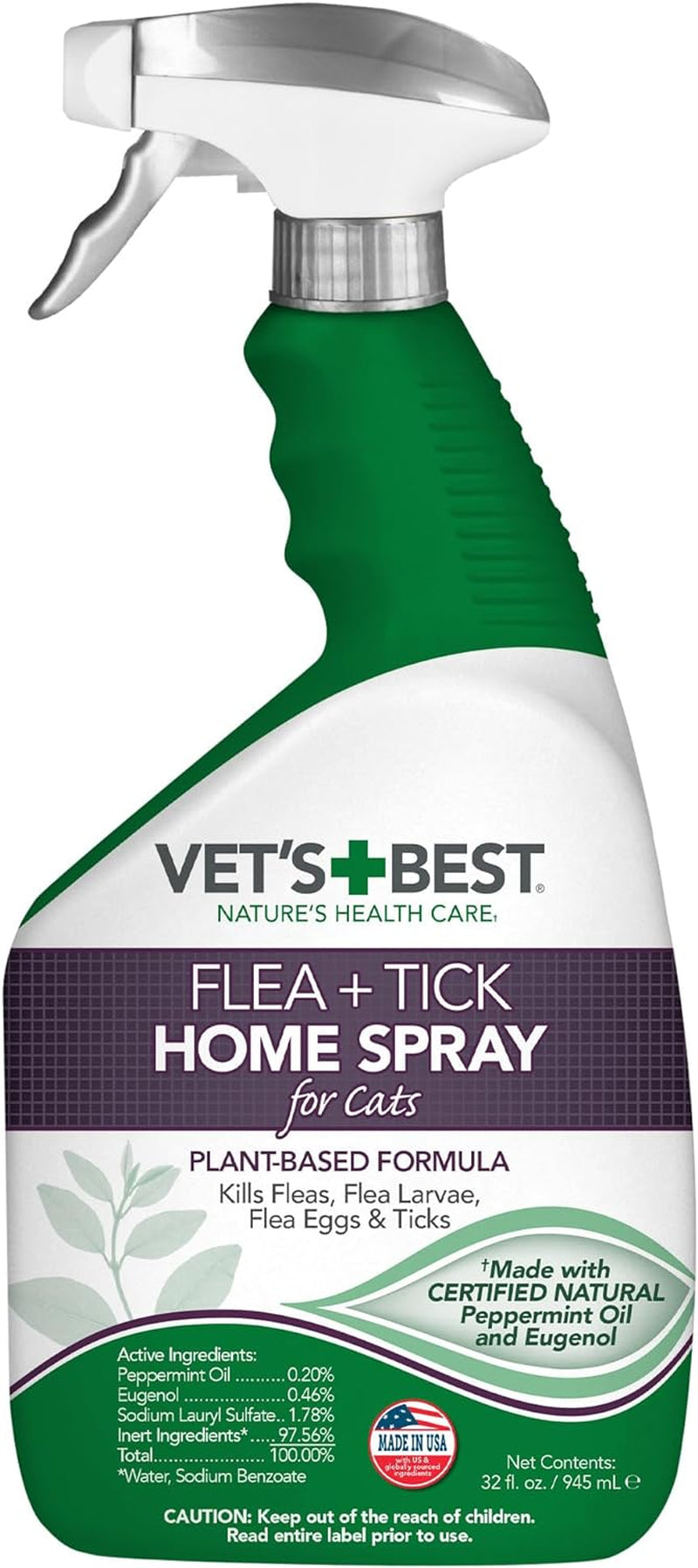 Natural Flea and Tick Home Spray for Cats – Natural Plant-Based Formula with Certified Essential Oils – Indoor Flea Treatment for Home Use – Safe and Deet-Free – 32 Oz Bottle