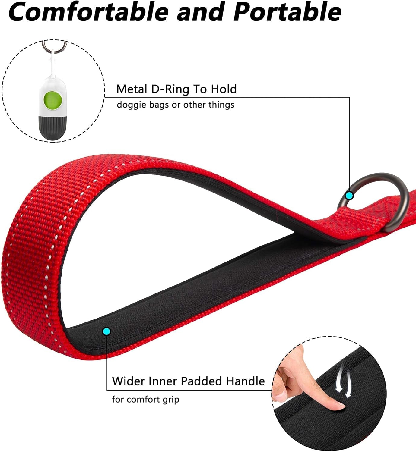 4FT Heavy-Duty Reflective Dog Leash, Double Handle, Red