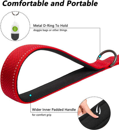 4FT Heavy-Duty Reflective Dog Leash, Double Handle, Red