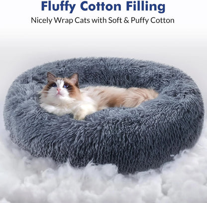 Cat Bed for Indoor Cats, Fluffy round Self Warming Calming Soft Plush Donut Cuddler Cushion Pet Bed for Small Dogs Kittens, 20 Inches