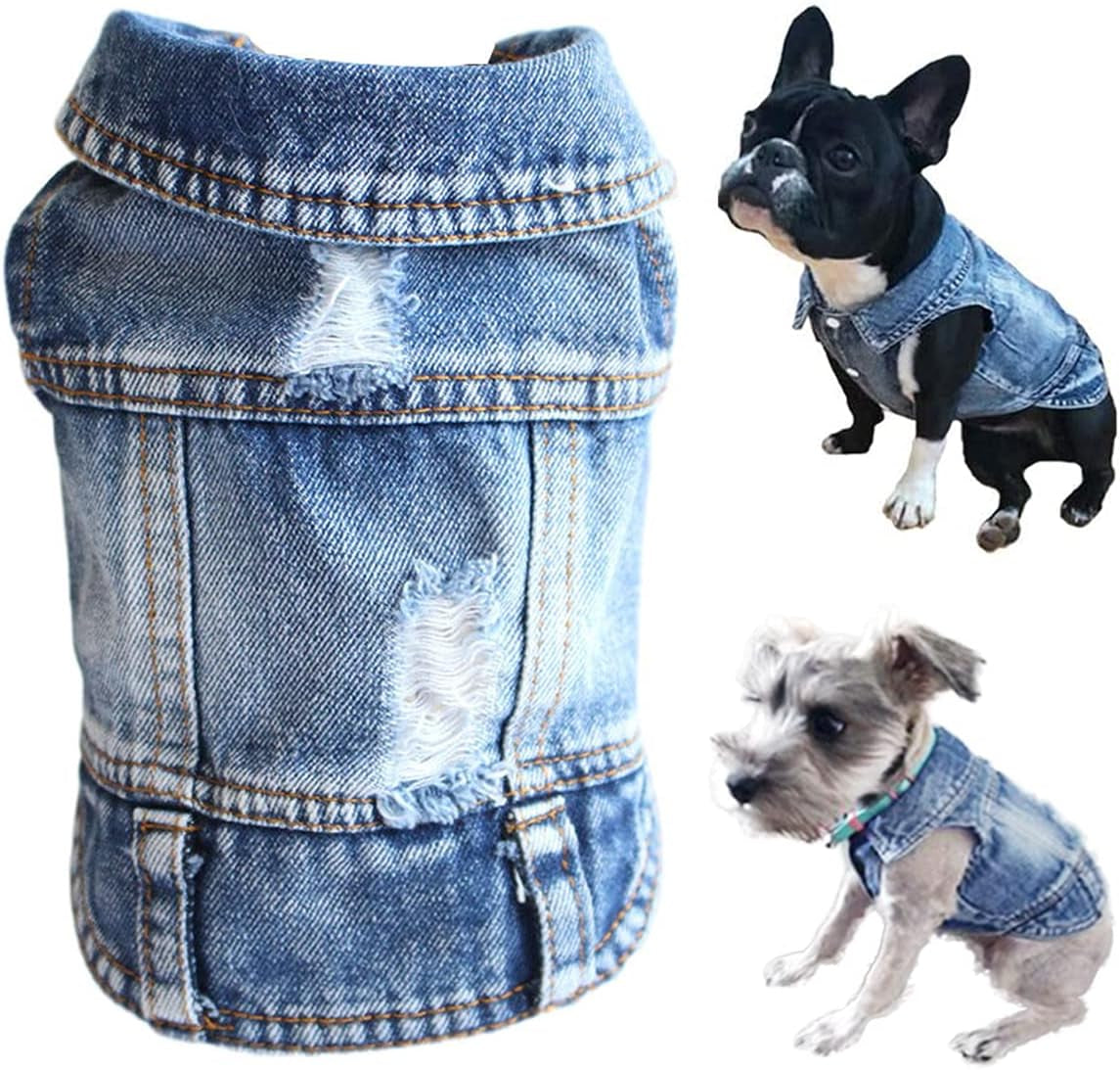 Jean Jacket Puppy Blue Denim Lapel Vest Coat Costume, Dog Boy Girl T-Shirt Clothes, Cool Funny Apparel Outfits, Machine Washable Dog Cat Outfits (S) Medium