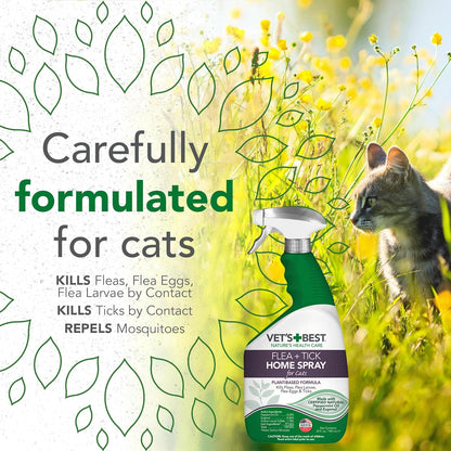 Natural Flea and Tick Home Spray for Cats – Natural Plant-Based Formula with Certified Essential Oils – Indoor Flea Treatment for Home Use – Safe and Deet-Free – 32 Oz Bottle