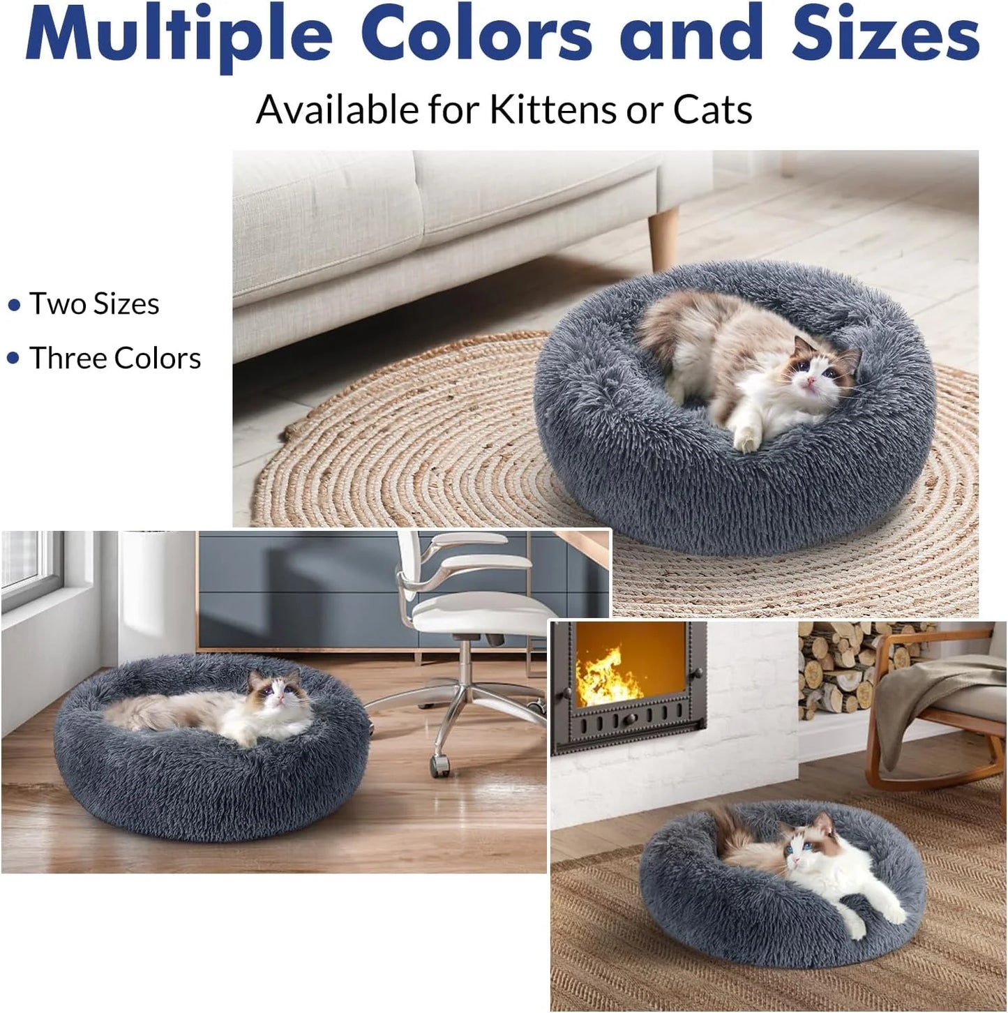 Cat Bed for Indoor Cats, Fluffy round Self Warming Calming Soft Plush Donut Cuddler Cushion Pet Bed for Small Dogs Kittens, 20 Inches