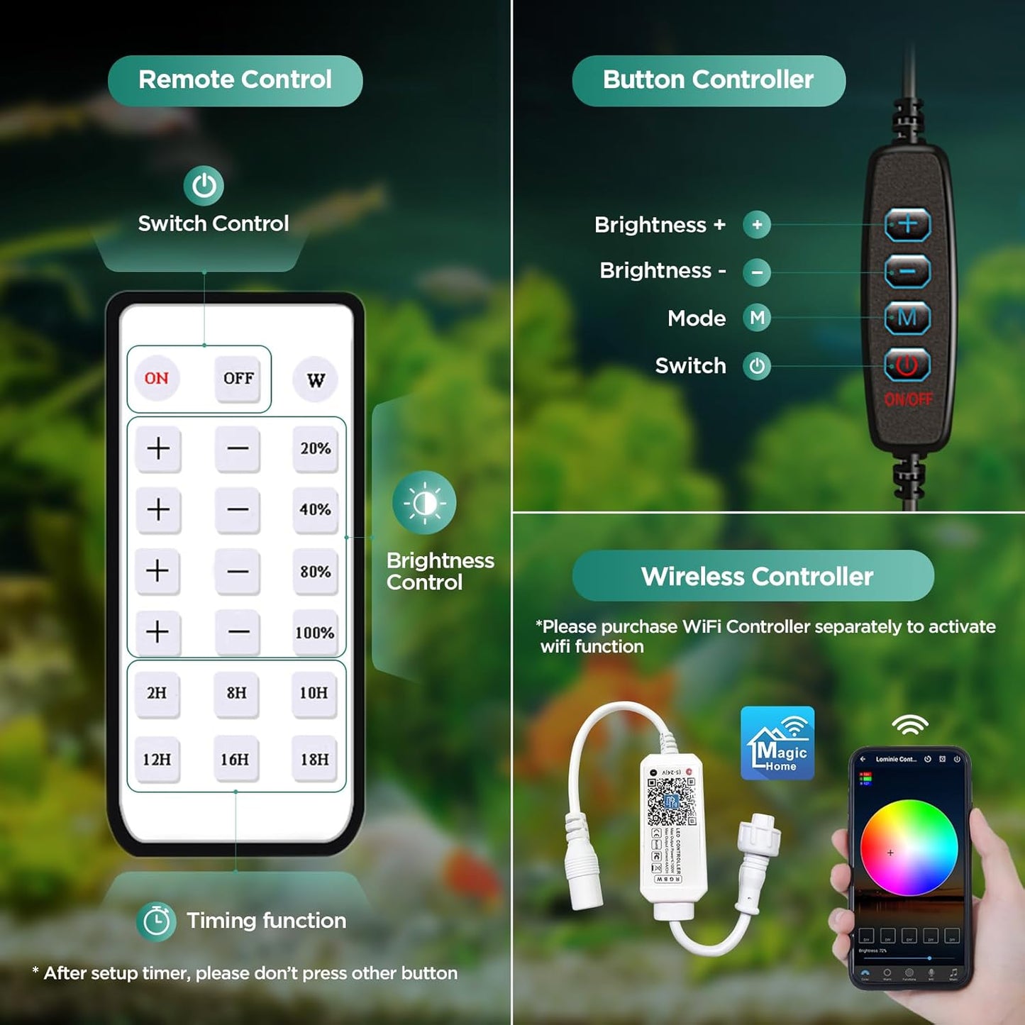 LED Aquarium Light, Planted Tank Light 4 Channels Remote Control 6500K Aquarium LED Lamp for Freshwater Fish Tank Refugium with Gooseneck (A20 Freshwater)