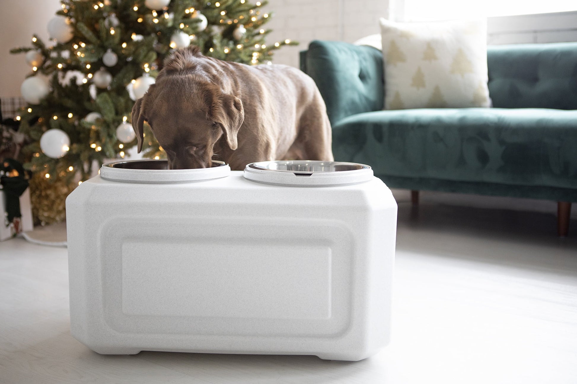 Vittles Vault 2-In-1 Elevated Stainless Steel Dog Bowls with 50 Lb Dry Food Storage, White