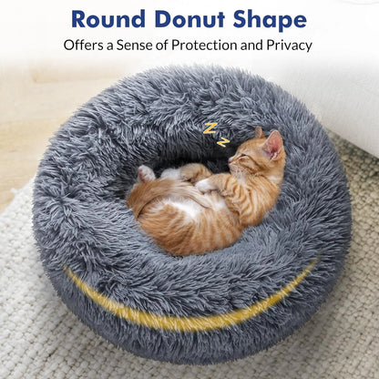 Cat Bed for Indoor Cats, Fluffy round Self Warming Calming Soft Plush Donut Cuddler Cushion Pet Bed for Small Dogs Kittens, 20 Inches