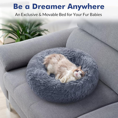 Cat Bed for Indoor Cats, Fluffy round Self Warming Calming Soft Plush Donut Cuddler Cushion Pet Bed for Small Dogs Kittens, 20 Inches