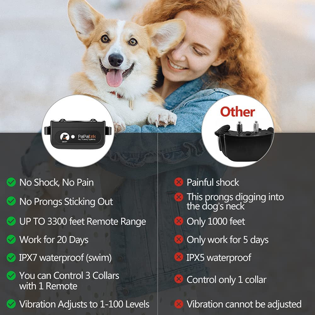 No Shock Dog Training Collar, 3300Ft Range Vibrating Dog Collar, IPX7 Waterproof Dog Training Collar with Remote, Only Sound and Vibration Collar for Training Dogs