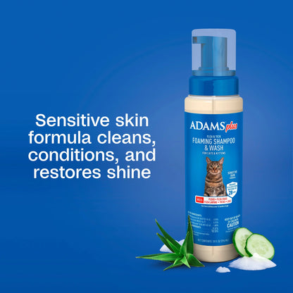plus Flea & Tick Foaming Shampoo & Wash for Cats & Kittens over 12 Weeks, Sensitive Skin Flea Treatment for Cats & Kittens, Kills Adult Fleas, Ticks and Lice on Contact, 10 Fluid Ounces