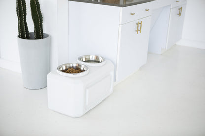 Vittles Vault 2-In-1 Elevated Stainless Steel Dog Bowls with 50 Lb Dry Food Storage, White