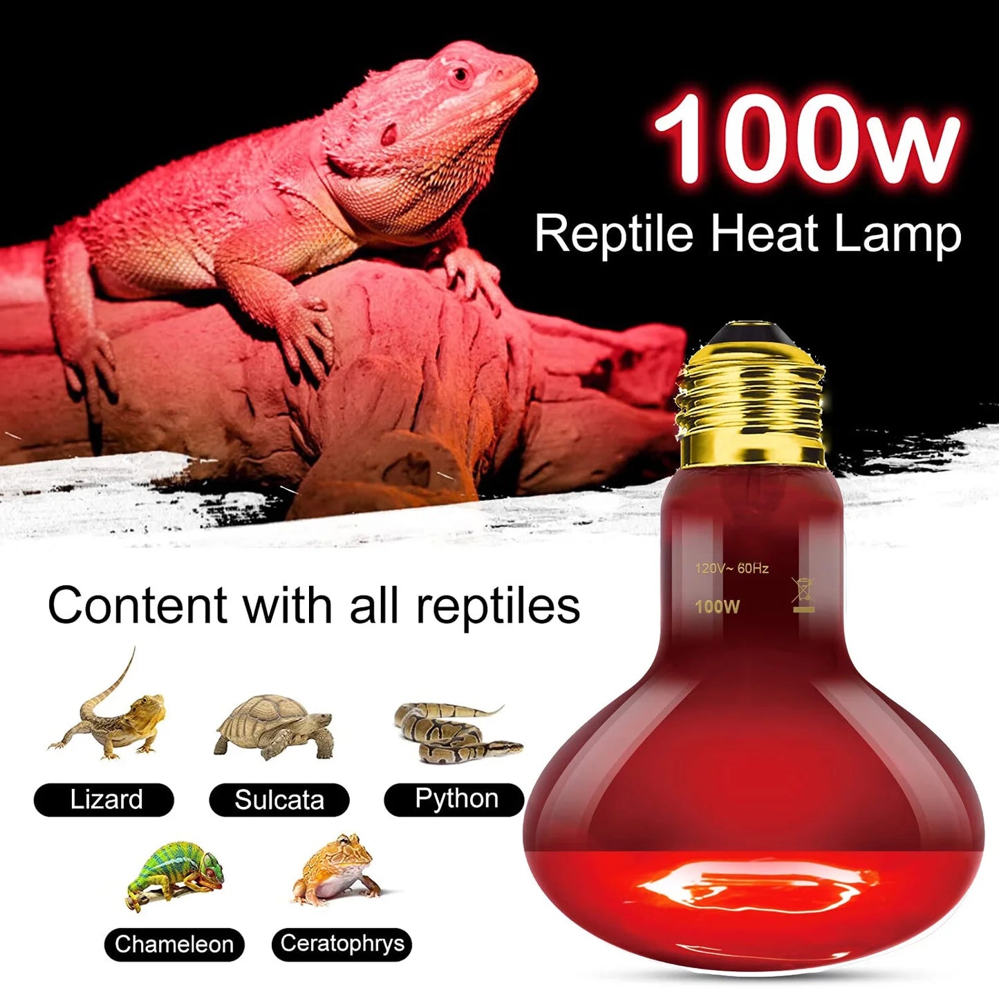 Reptile Heat Lamp 100W, 2Pcs E26 Basking Spot Light, Infrared Heat Lamp, Red