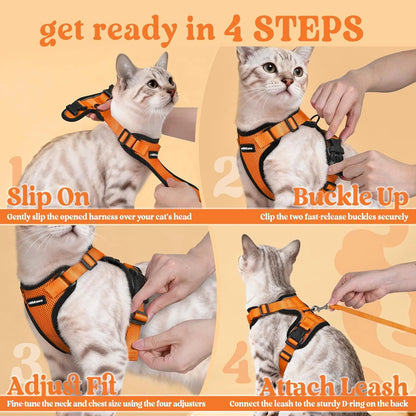 Cat Harness and Leash for Walking, Escape Proof Soft Adjustable Vest Harnesses for Cats, Easy Control Breathable Reflective Strips Jacket, Orange