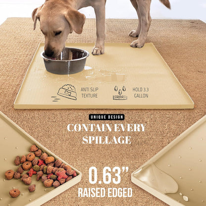 32X24'' Silicone Dog Mat for Food and Water, 0.63'' Edge Dog Food Bowl Mats for Floor Waterproof, Dogs Water Mat for Sloppy Drinker, Non Slip Rubber Pet Feeding Mats for Indoor Dogs and Cats