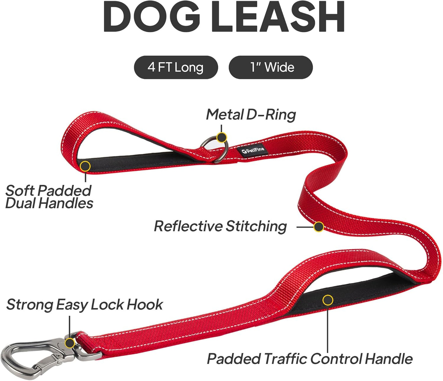 4FT Heavy-Duty Reflective Dog Leash, Double Handle, Red