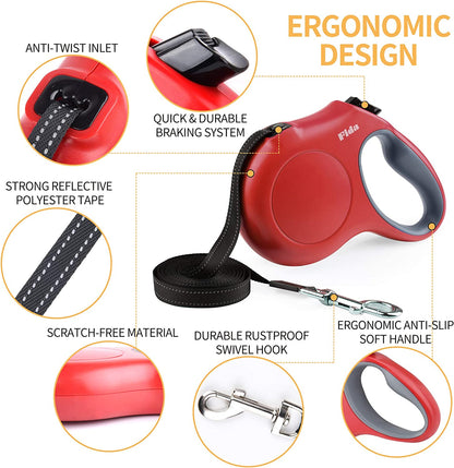 16 ft Retractable Dog Leash with Bag Dispenser (M, Red)